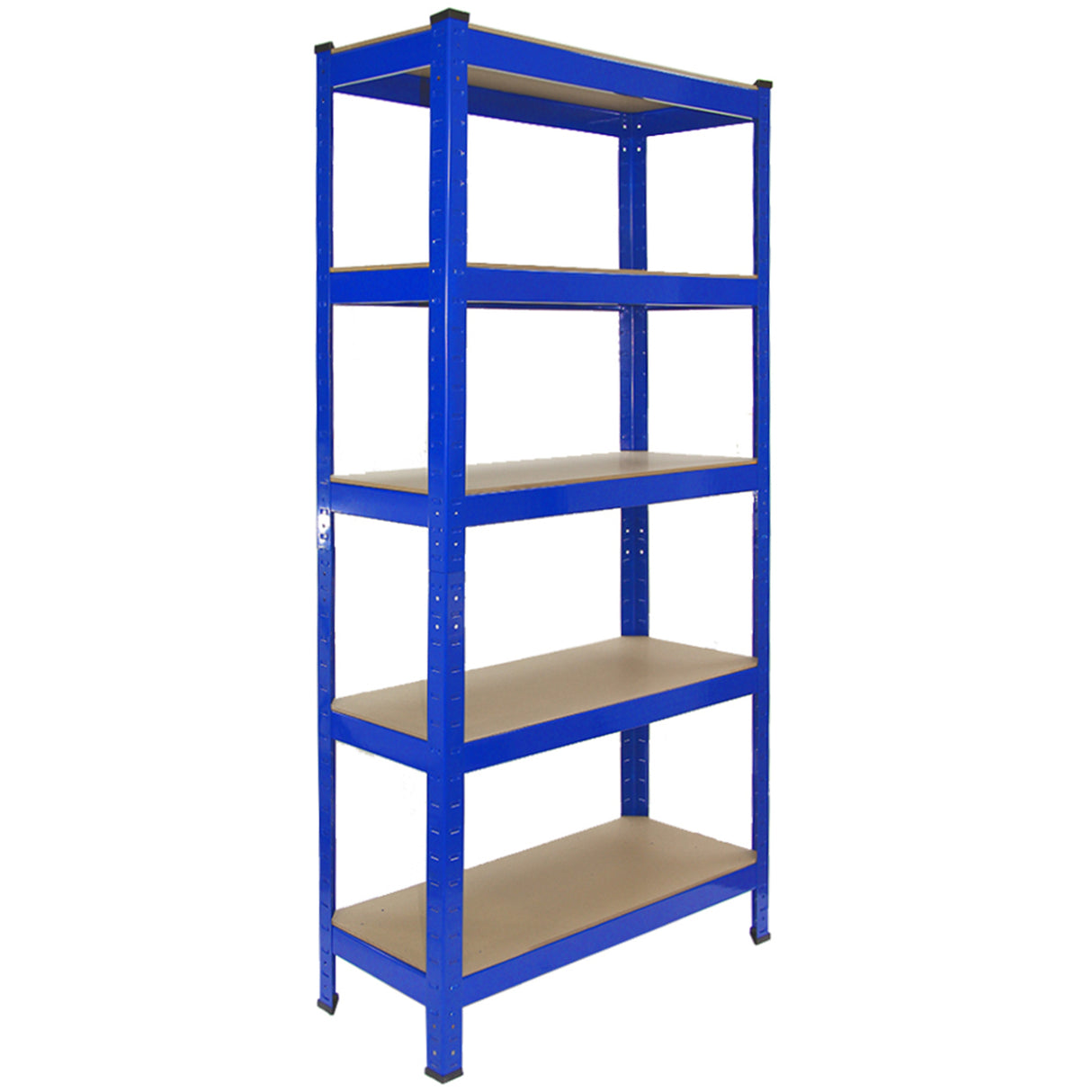 Heavy-duty blue steel shelving unit with five tiers and sturdy beige shelves, ideal for garage and warehouse storage solutions