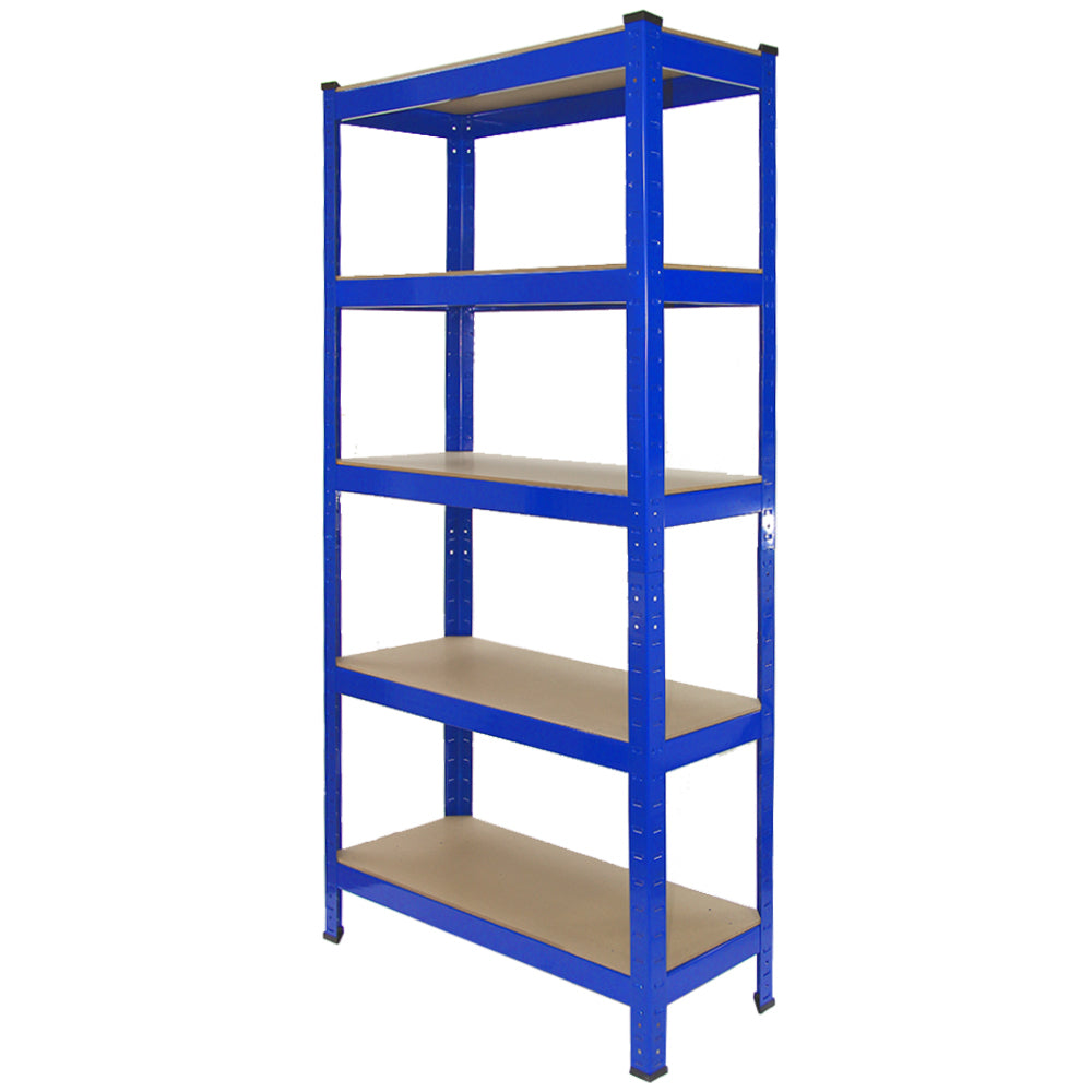 Heavy-duty blue steel shelving unit with five sturdy tiers and smooth beige shelves, ideal for garage or warehouse storage