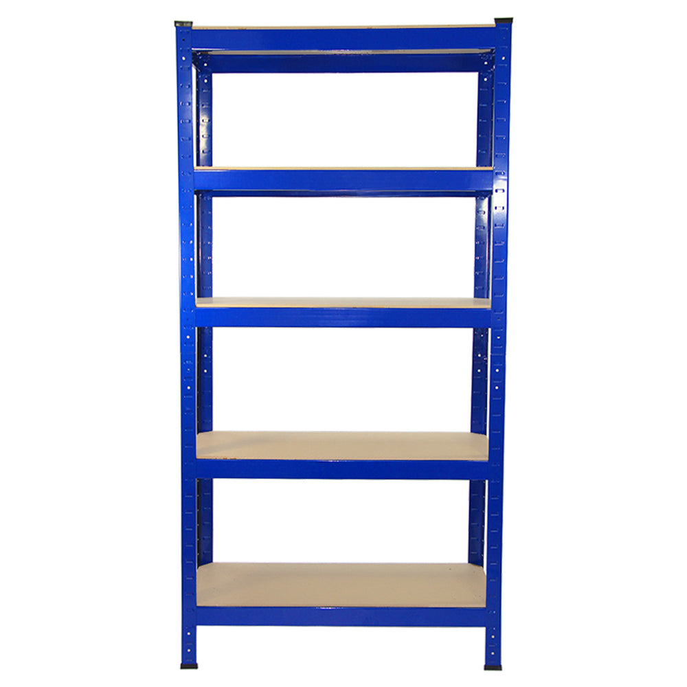 Heavy-duty blue steel shelving unit with five tiers and sturdy beige shelves, ideal for garage or warehouse storage solutions