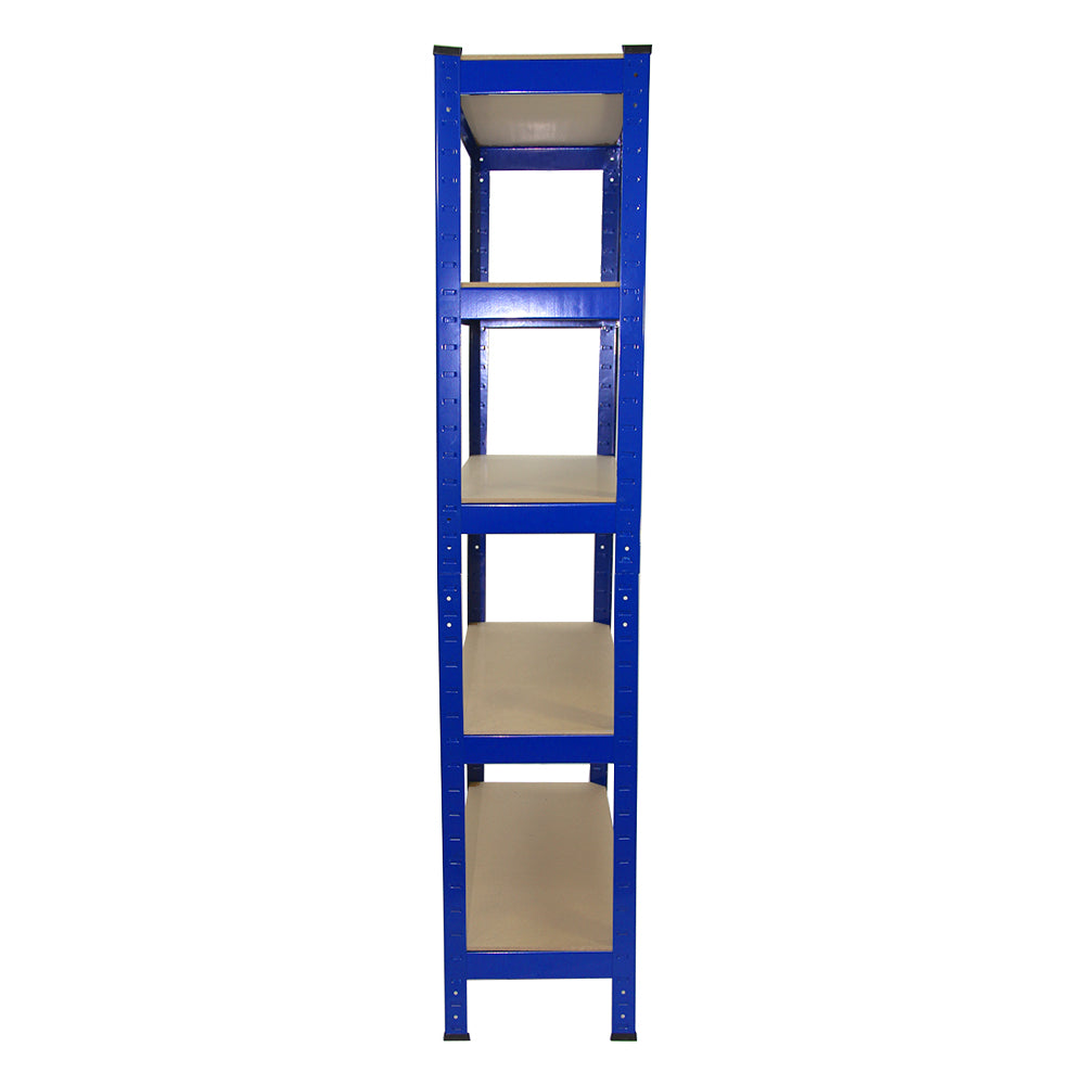 Heavy-duty blue steel shelving unit with five tiers, featuring sturdy shelves and a sleek, industrial design for garage storage