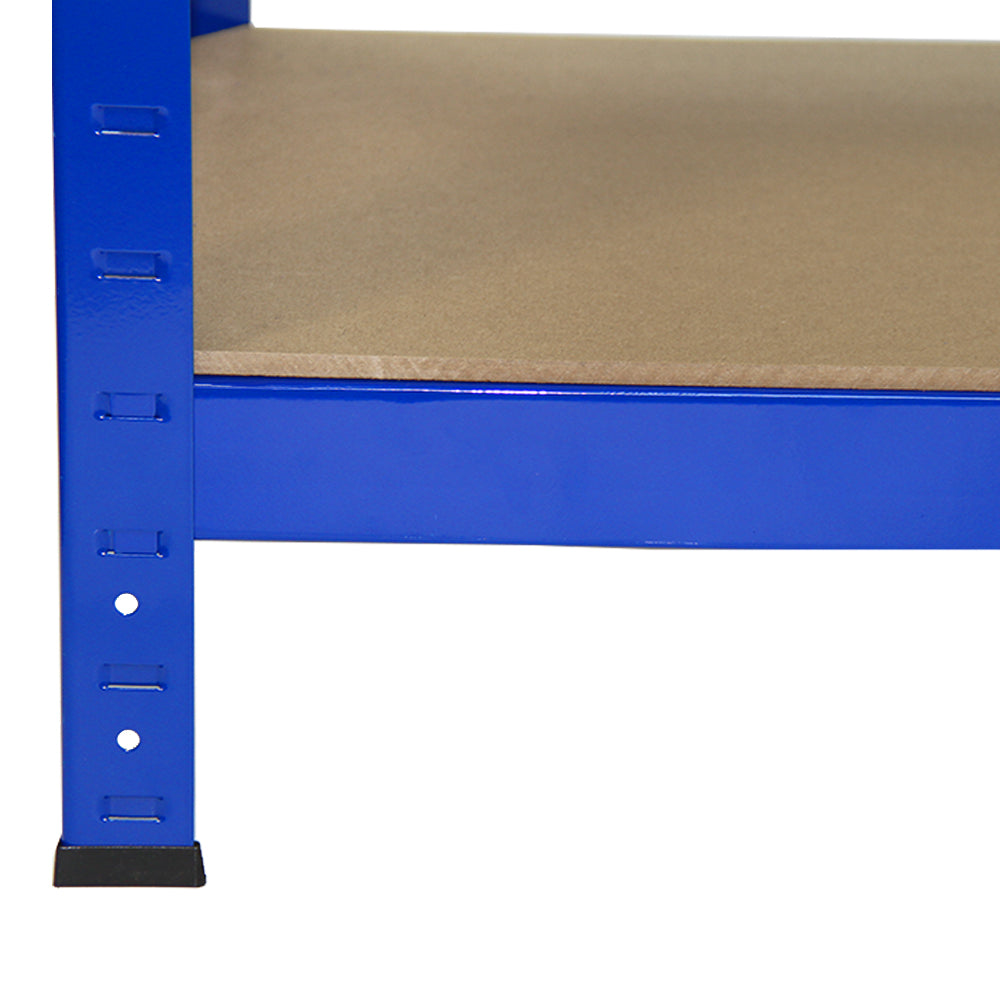 Heavy-duty blue steel shelving unit with five tiers, featuring sturdy wooden shelves and a sleek, durable finish for garage storage
