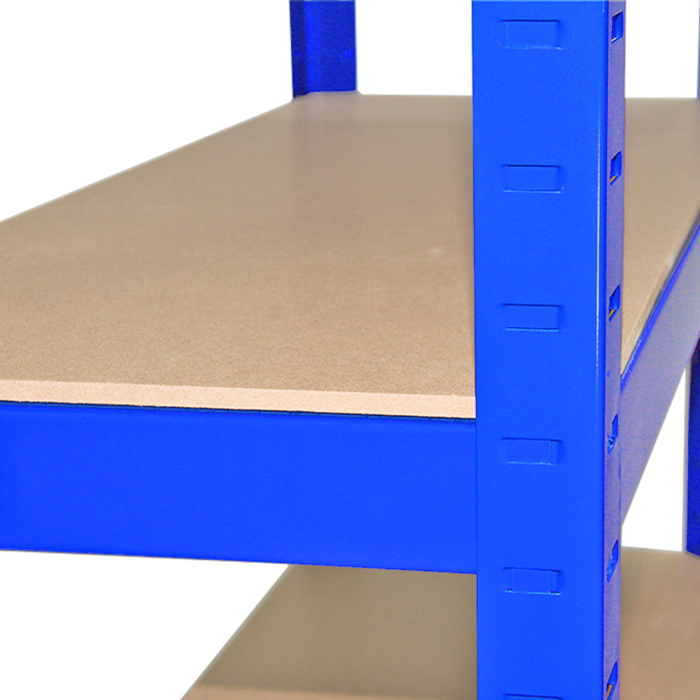 Heavy-duty blue steel shelving unit with five tiers, featuring smooth, sturdy MDF shelves for garage or warehouse storage