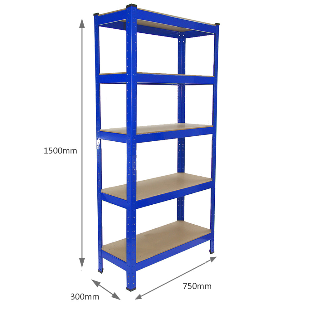 Heavy-duty blue steel shelving unit with five tiers, measuring 1500mm tall and 750mm wide, featuring sturdy, smooth surfaces for storage