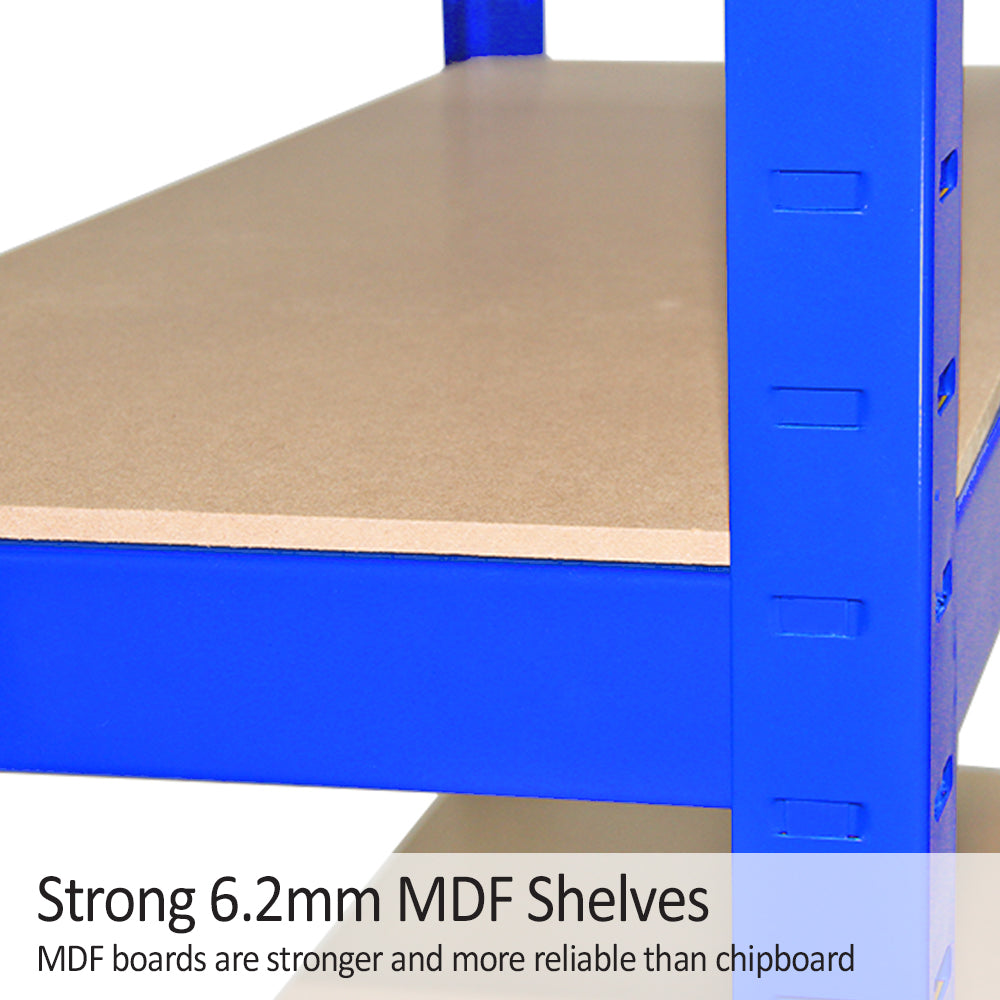 Heavy-duty blue steel shelving unit with 6.2mm MDF shelves, showcasing sturdy construction and reliable storage capacity