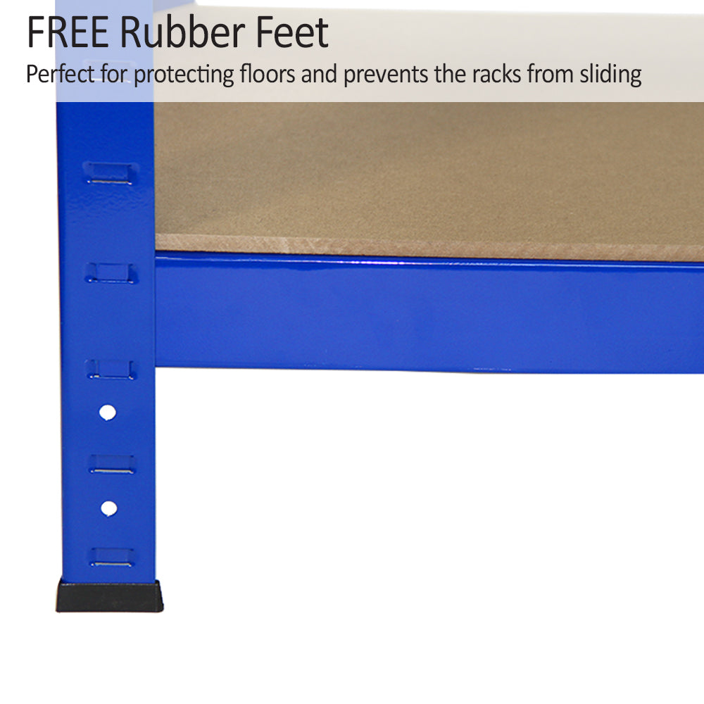 Heavy-duty blue steel shelving unit with rubber feet, designed to prevent sliding and protect floors, showcasing sturdy construction