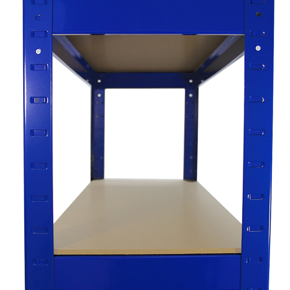 Heavy-duty blue steel shelving unit with five tiers and smooth beige shelves, ideal for garage or warehouse storage solutions