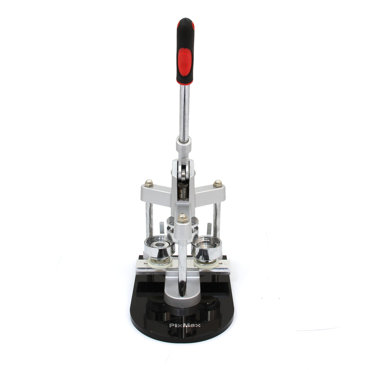 Heavy-duty PixMax badge maker with a sleek silver and black design, featuring a sturdy handle and precision components for crafting badges