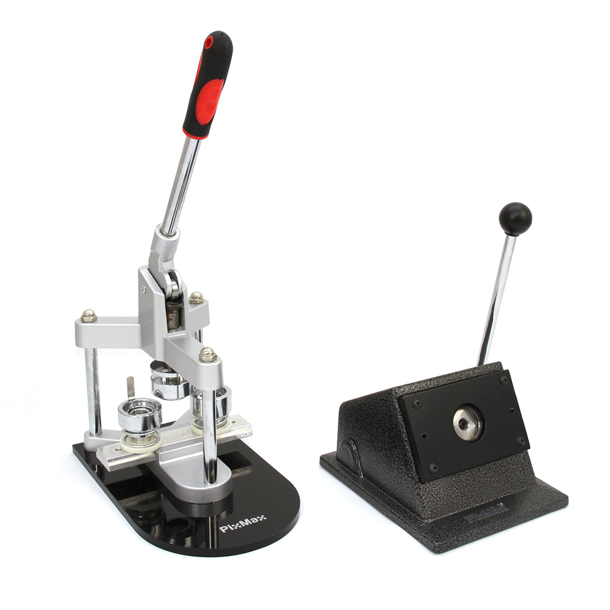 Heavy-duty PixMax badge maker with a sleek silver and black design, featuring a lever handle and a sturdy base for easy use