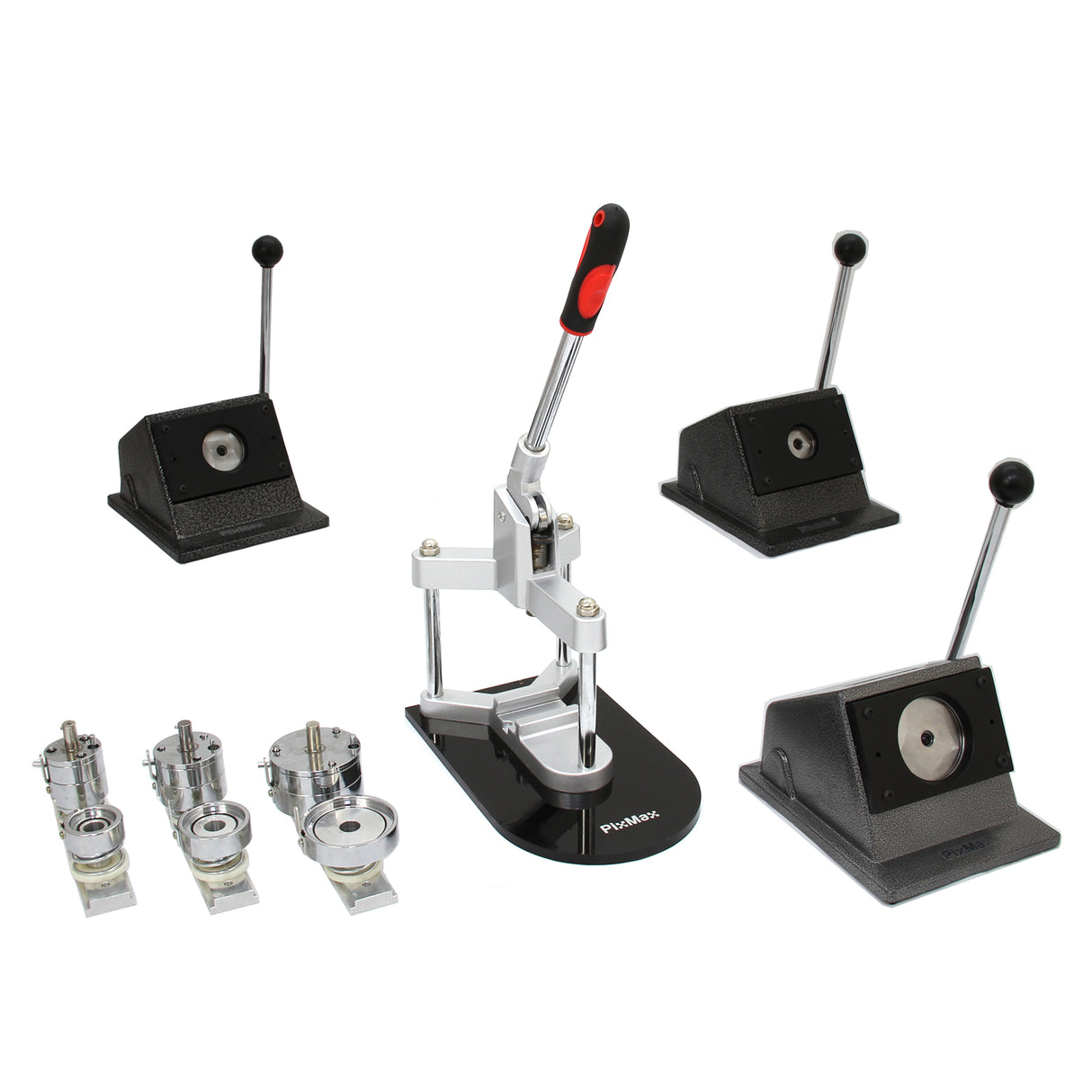 PixMax Badge Making Bundle featuring a sturdy metal press, multiple badge molds, and durable bases for crafting custom badges