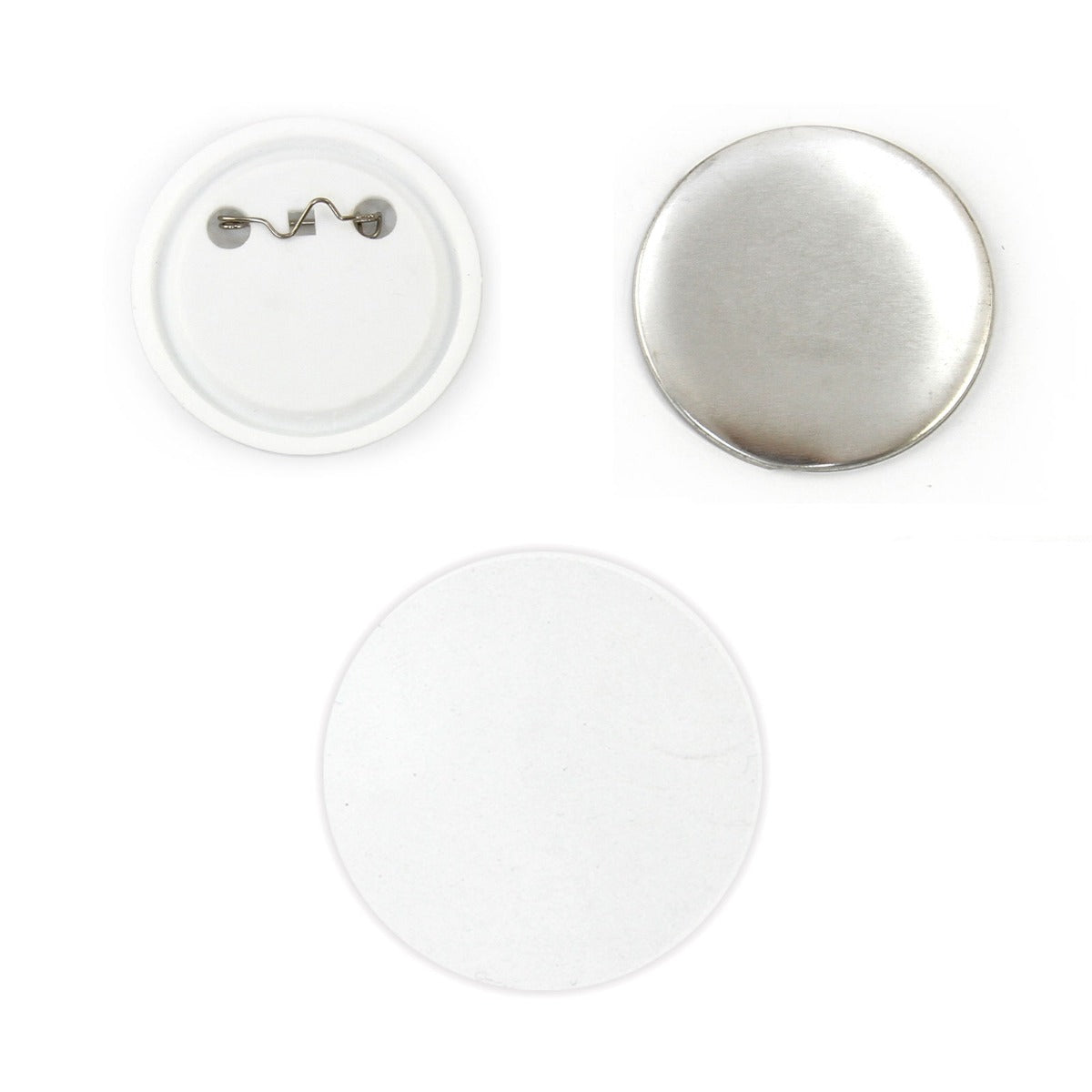 Shiny silver badge front, white backing with pin attachment, and clear plastic cover for 37mm pin button badge components