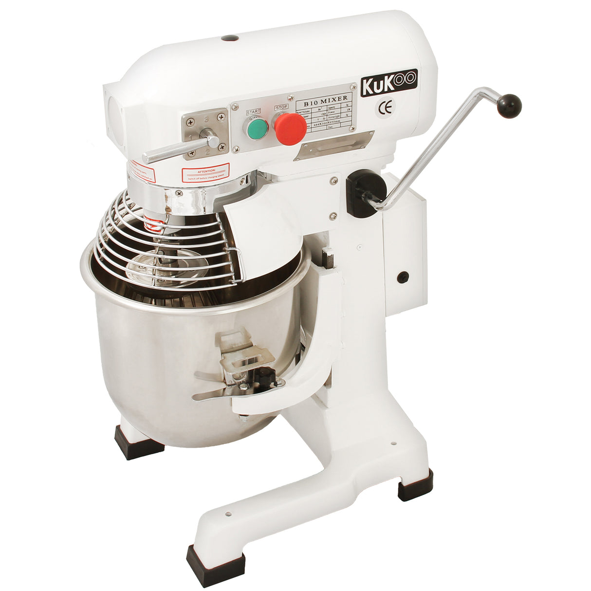 Commercial 10L planetary food mixer in white with stainless steel bowl, featuring a spiral mixing attachment and control panel