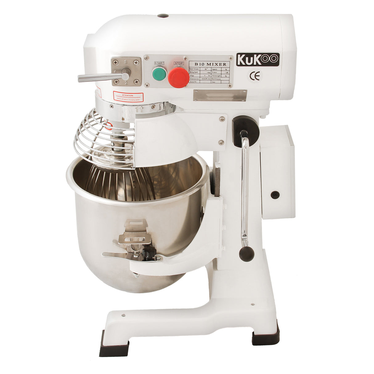Commercial 10L planetary food mixer with a stainless steel bowl, white body, and spiral whisk attachment, ideal for baking and cooking