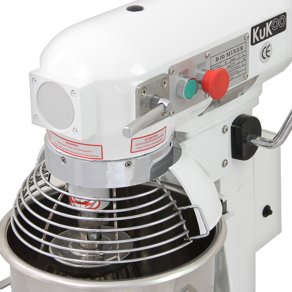 Commercial 10L planetary food mixer with a stainless steel bowl, chrome-plated mixing head, and control buttons in red and green