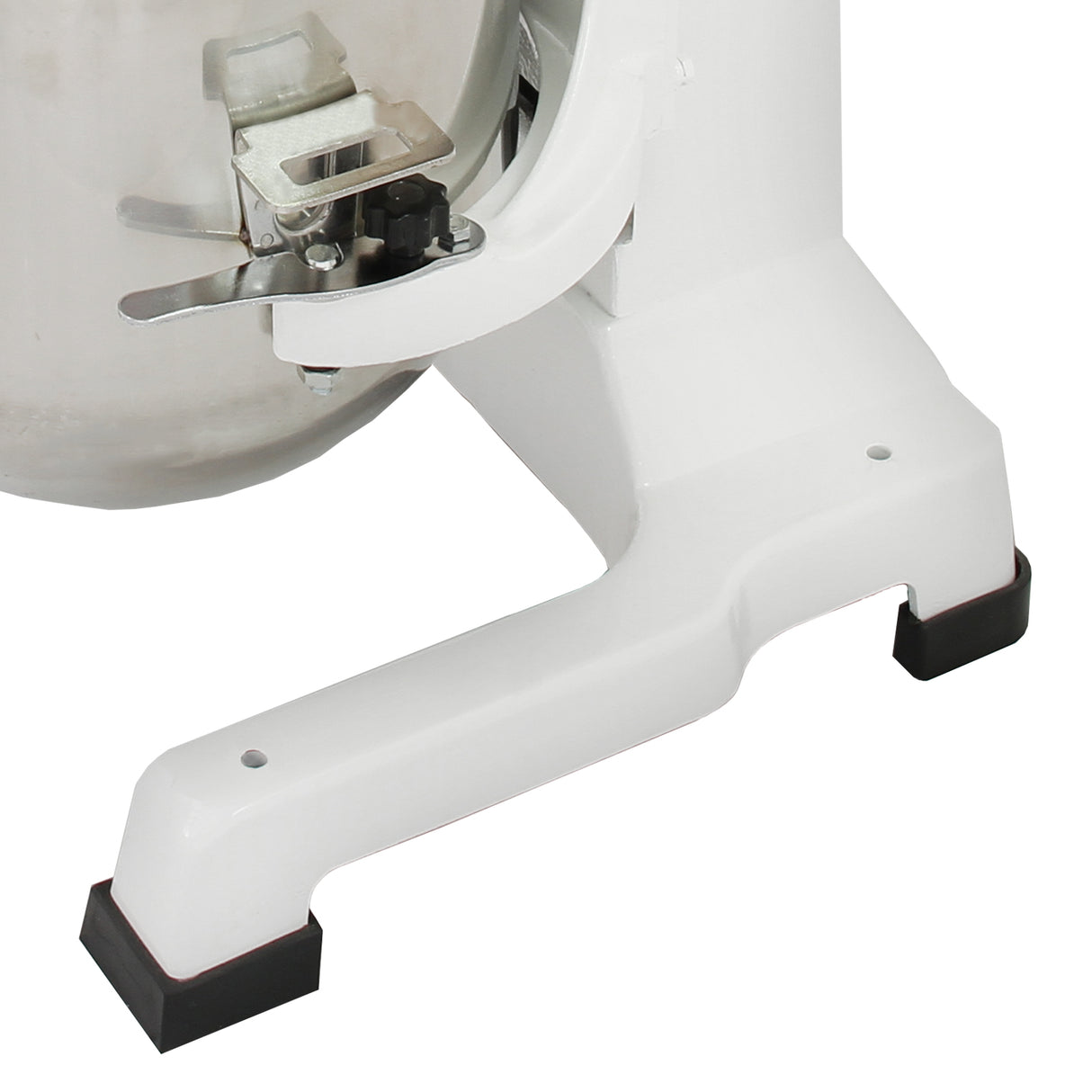White commercial planetary food mixer base with a sturdy, non-slip design and a stainless steel mixing bowl attachment