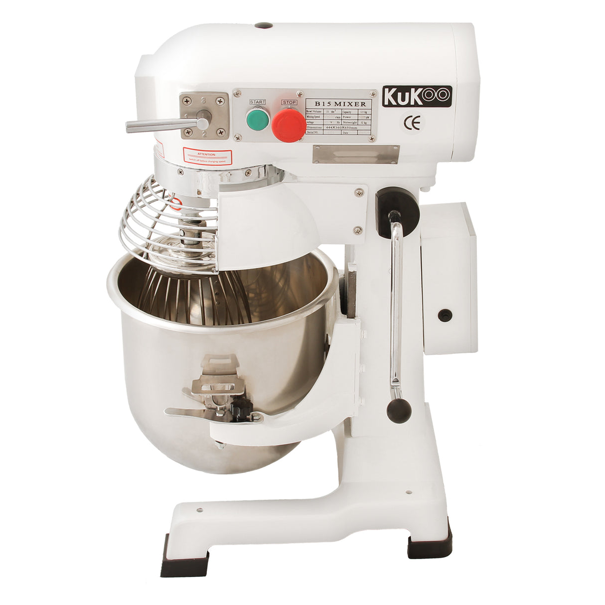 Commercial 15L planetary food mixer with a stainless steel bowl, white body, and a wire whisk attachment for versatile mixing