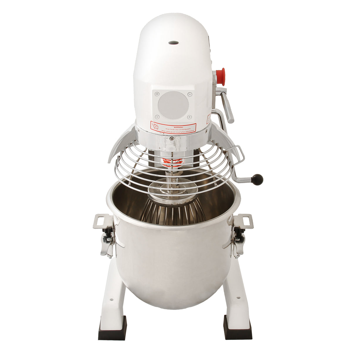 Commercial 15L planetary food mixer with a stainless steel bowl, white body, and spiral whisk attachment for efficient mixing