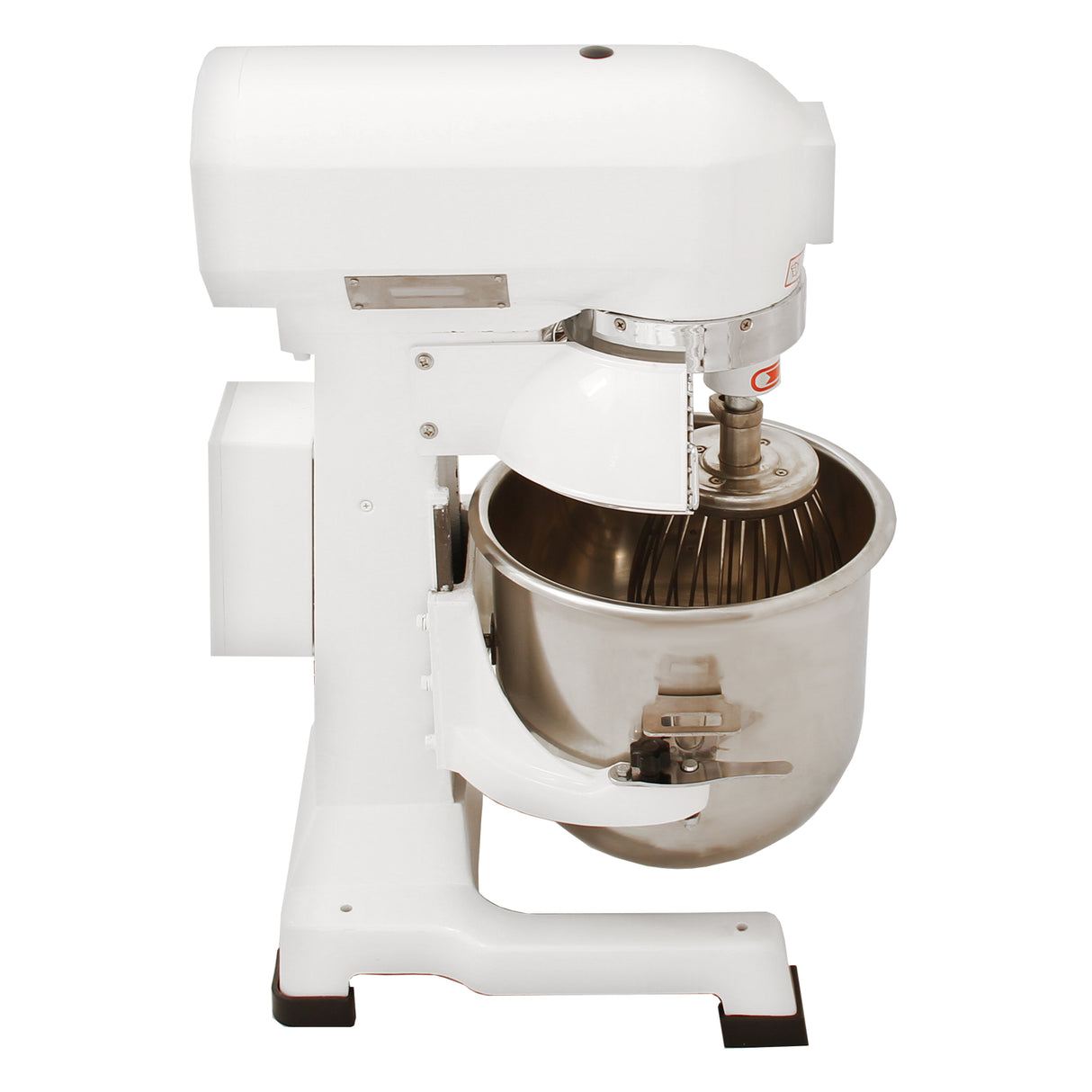 White commercial planetary food mixer with a stainless steel bowl, featuring a spiral whisk and sturdy base for stability