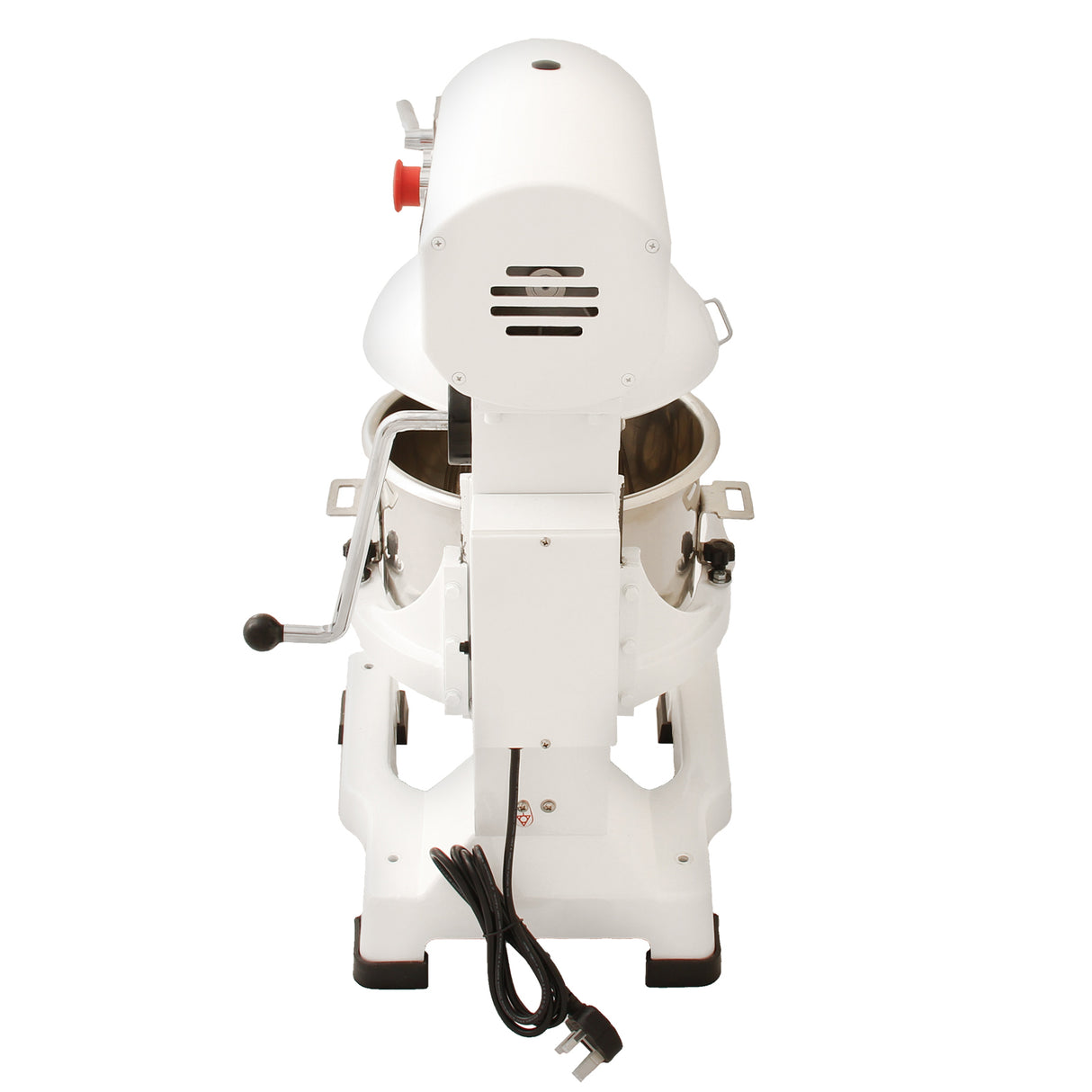 White commercial planetary food mixer with a 15L stainless steel bowl, featuring a red control knob and sturdy base for stability