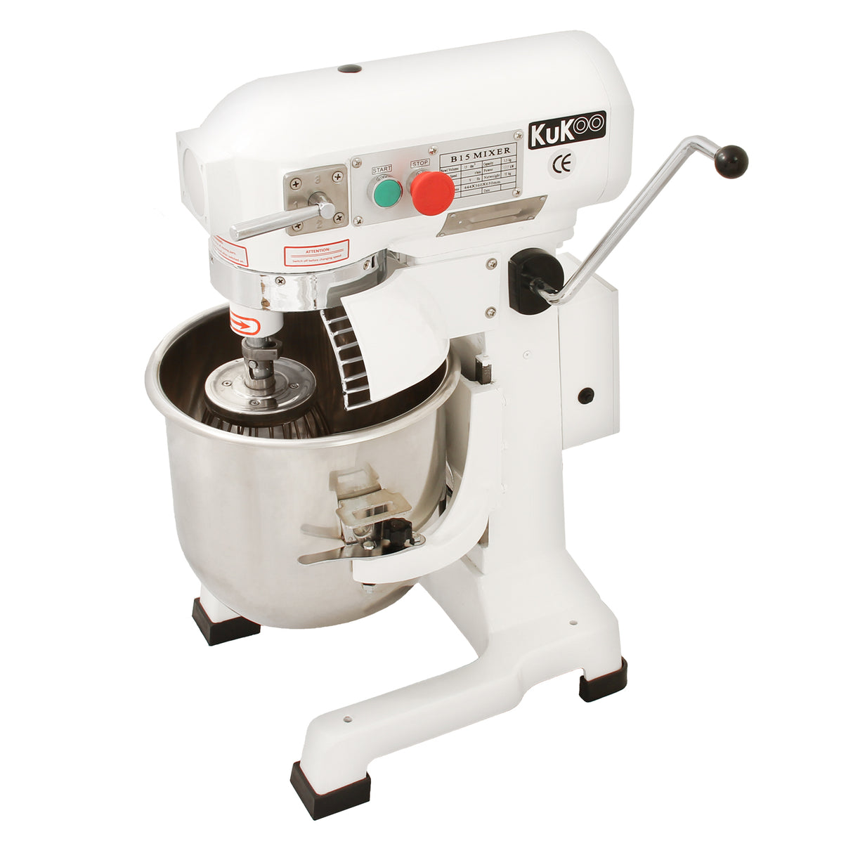 Commercial 15L planetary food mixer with a stainless steel bowl, white body, and red/green control buttons for easy operation