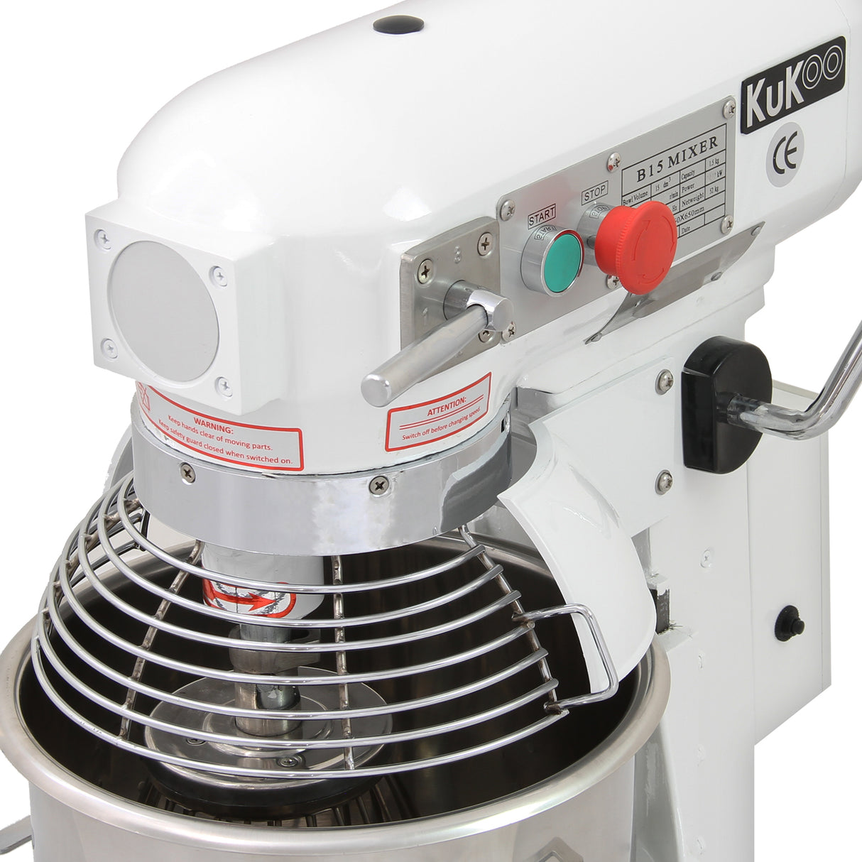 White commercial planetary food mixer with a stainless steel bowl, spiral mixing attachment, and control buttons in red and green