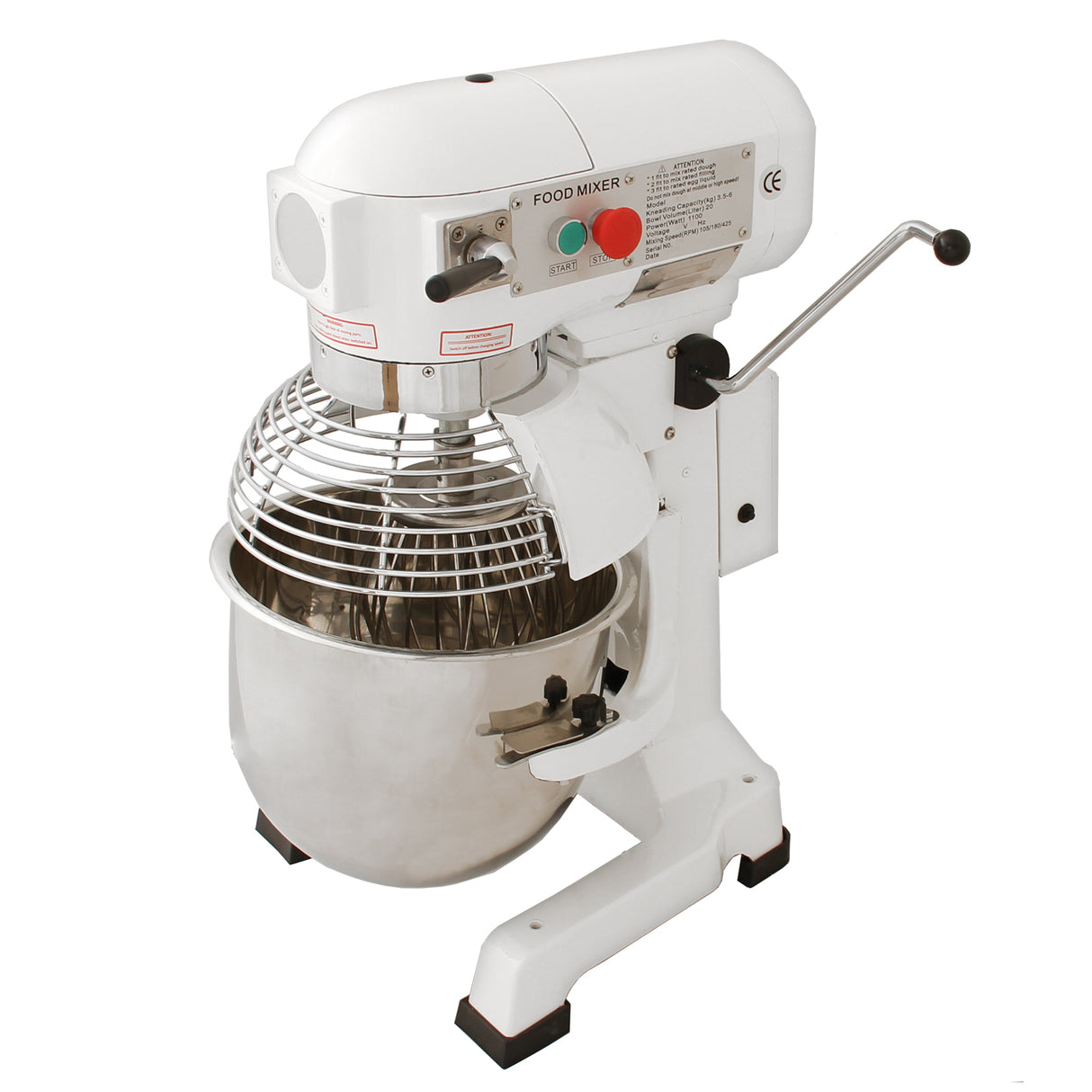 Commercial 20L planetary food mixer with a stainless steel bowl, white body, and chrome wire whisk, ideal for baking and food preparation