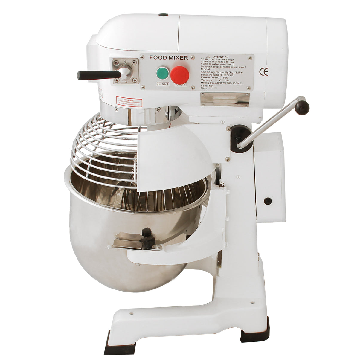 Commercial 20L planetary food mixer with a stainless steel bowl, white body, and a protective metal whisk guard for safety
