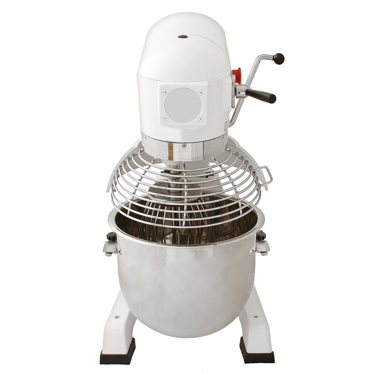 Commercial 20L planetary food mixer with a stainless steel bowl, white body, and chrome wire whisk, ideal for baking and food prep