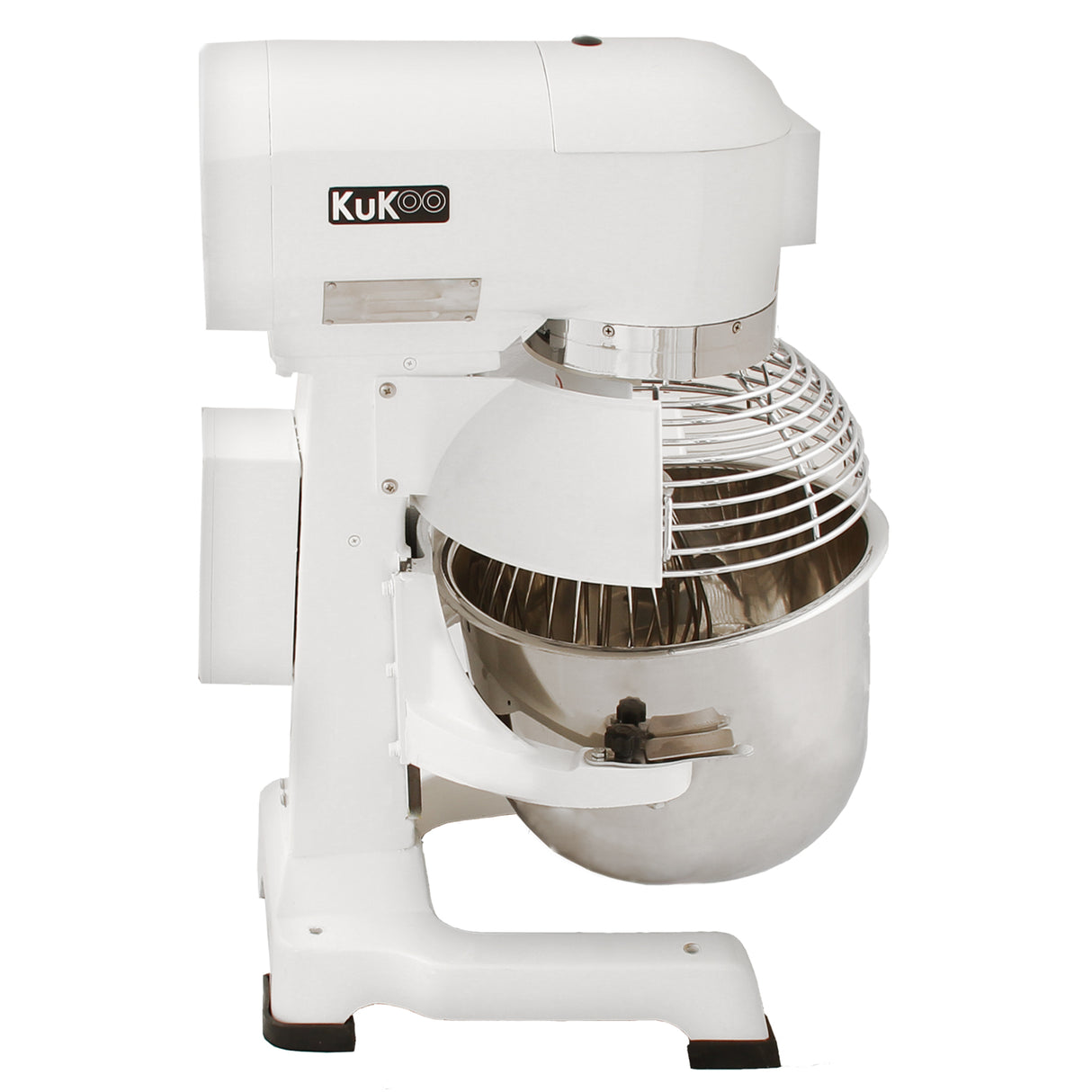 White commercial planetary food mixer with a stainless steel bowl, spiral whisk, and sturdy base for efficient mixing