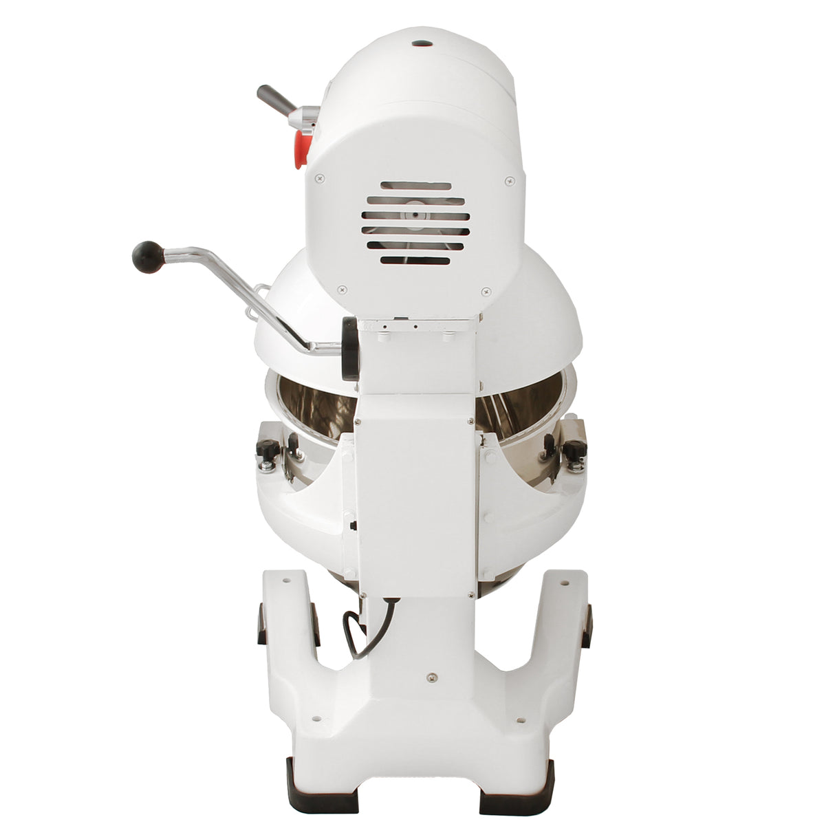 Commercial 20L planetary food mixer in white, featuring a large stainless steel bowl, sturdy base, and adjustable speed controls