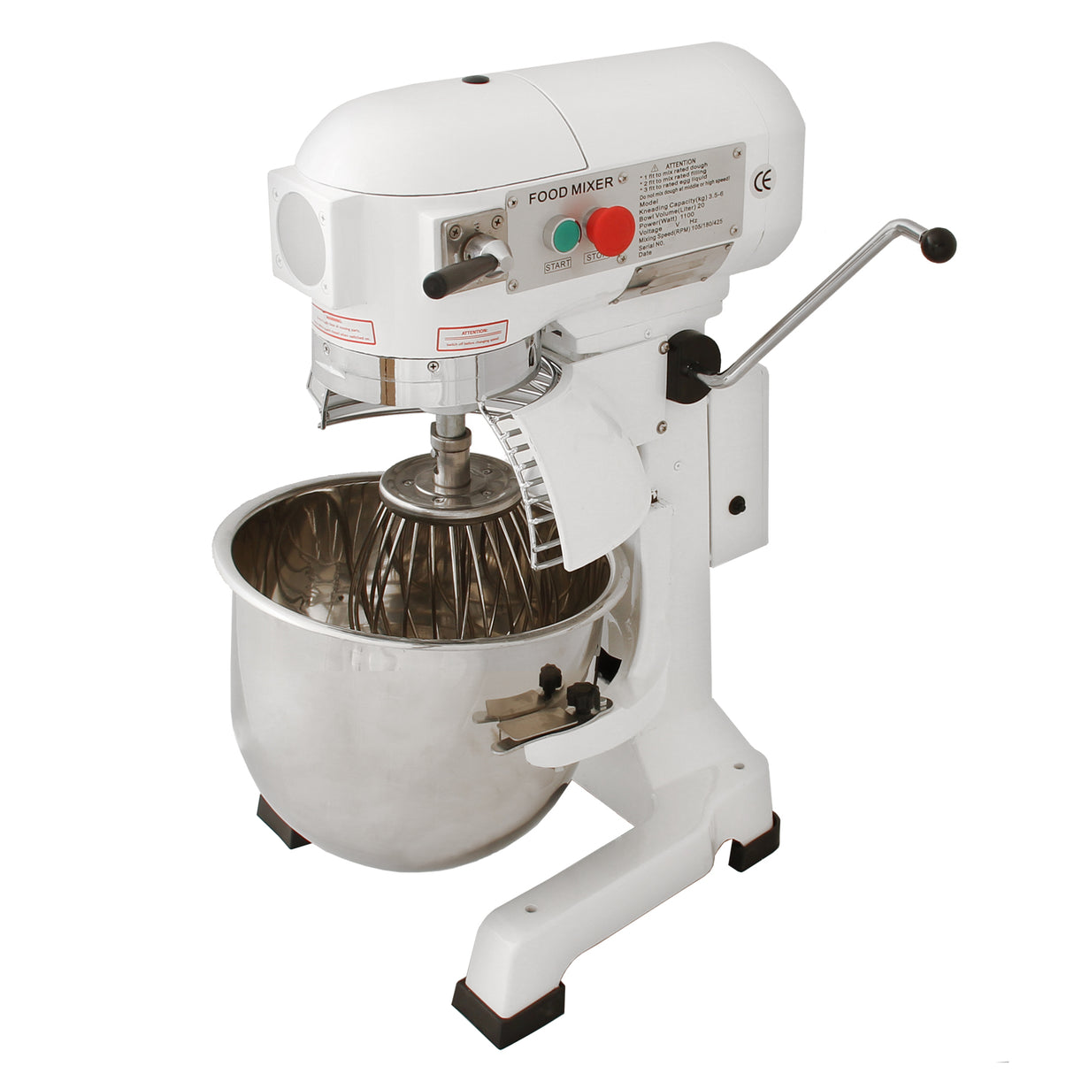 Commercial 20L planetary food mixer in white with stainless steel bowl, featuring a whisk attachment and adjustable speed controls