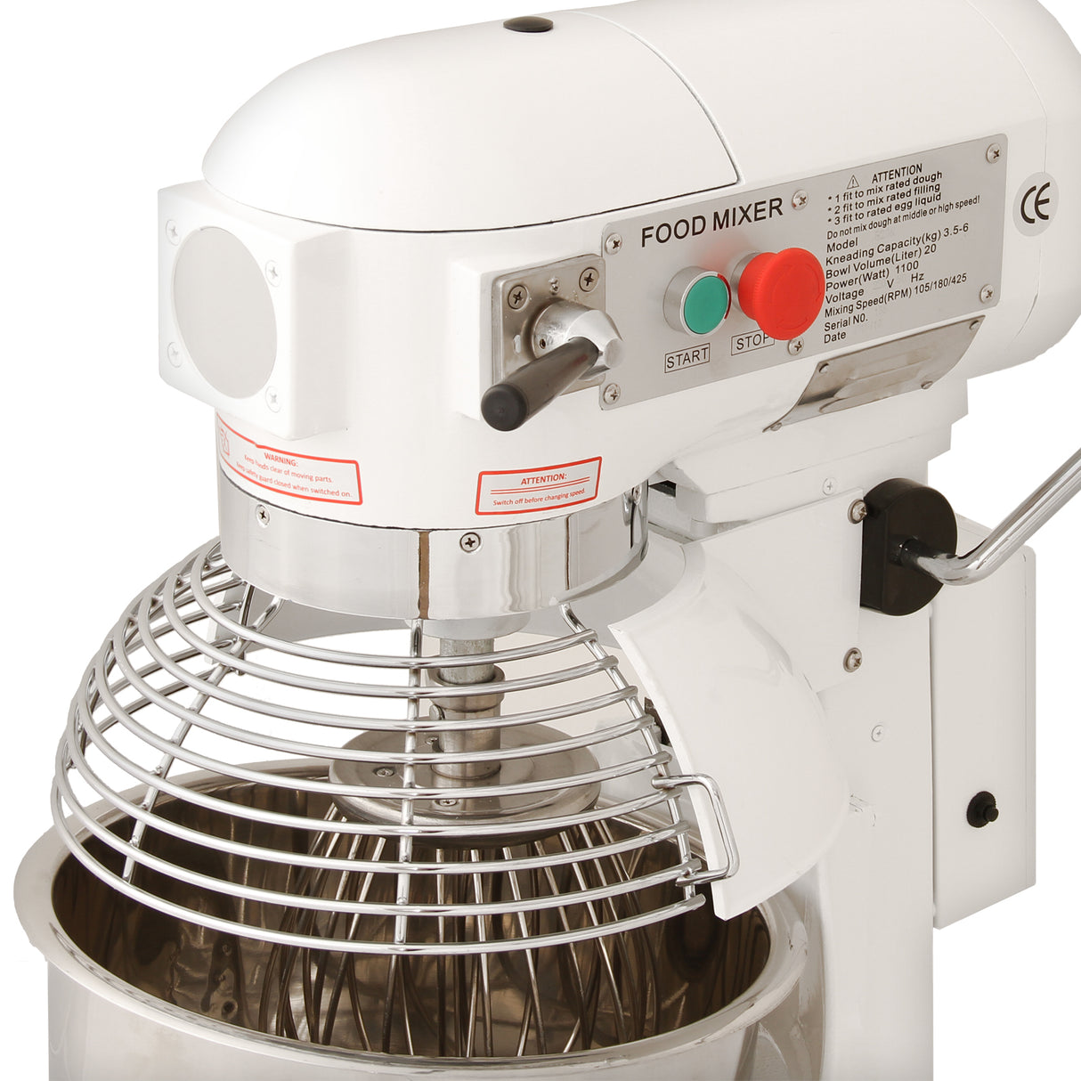 Commercial 20L planetary food mixer with a sleek white body, stainless steel mixing bowl, and a durable wire whisk attachment