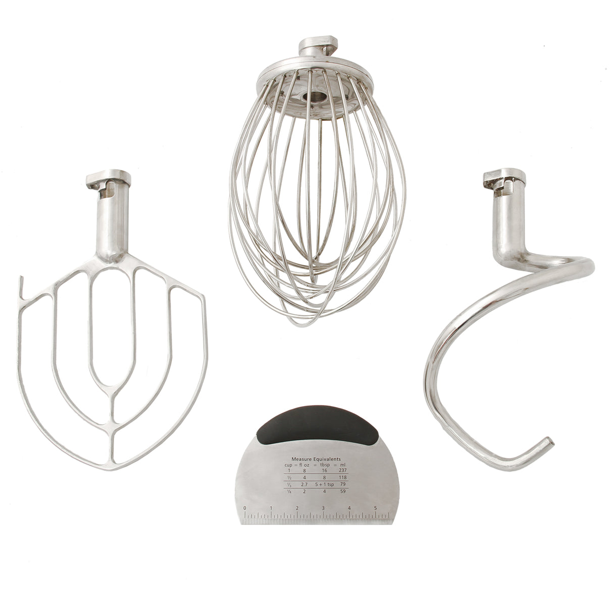 Stainless steel mixer attachments including a whisk, dough hook, and paddle, showcasing sleek designs and shiny surfaces