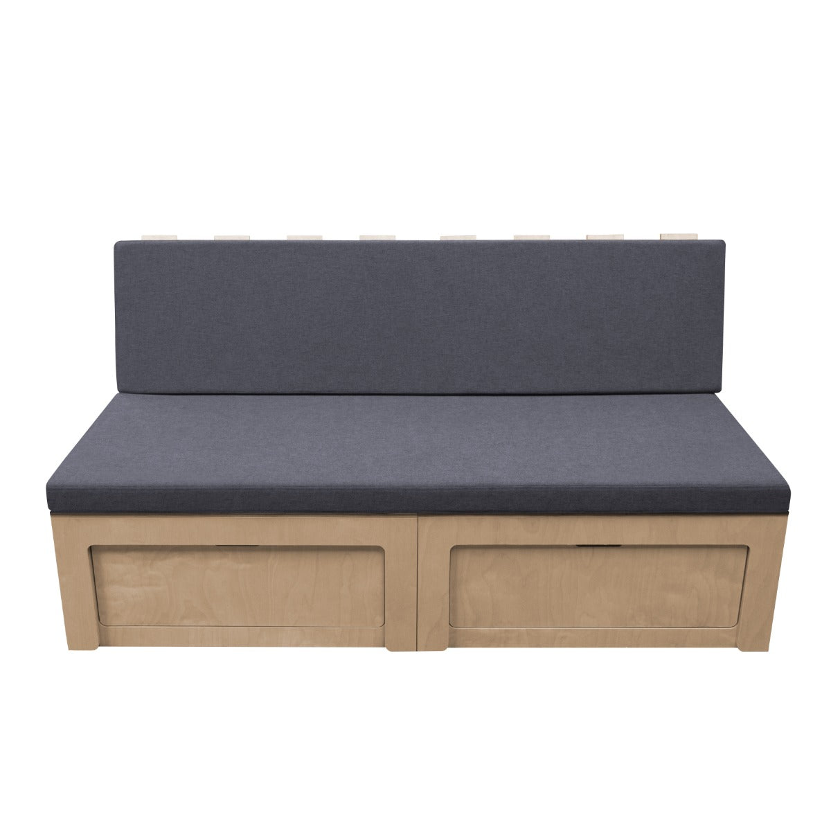 Stylish camper van bed with a sleek wooden frame, soft gray upholstery, and spacious storage drawers underneath for convenience