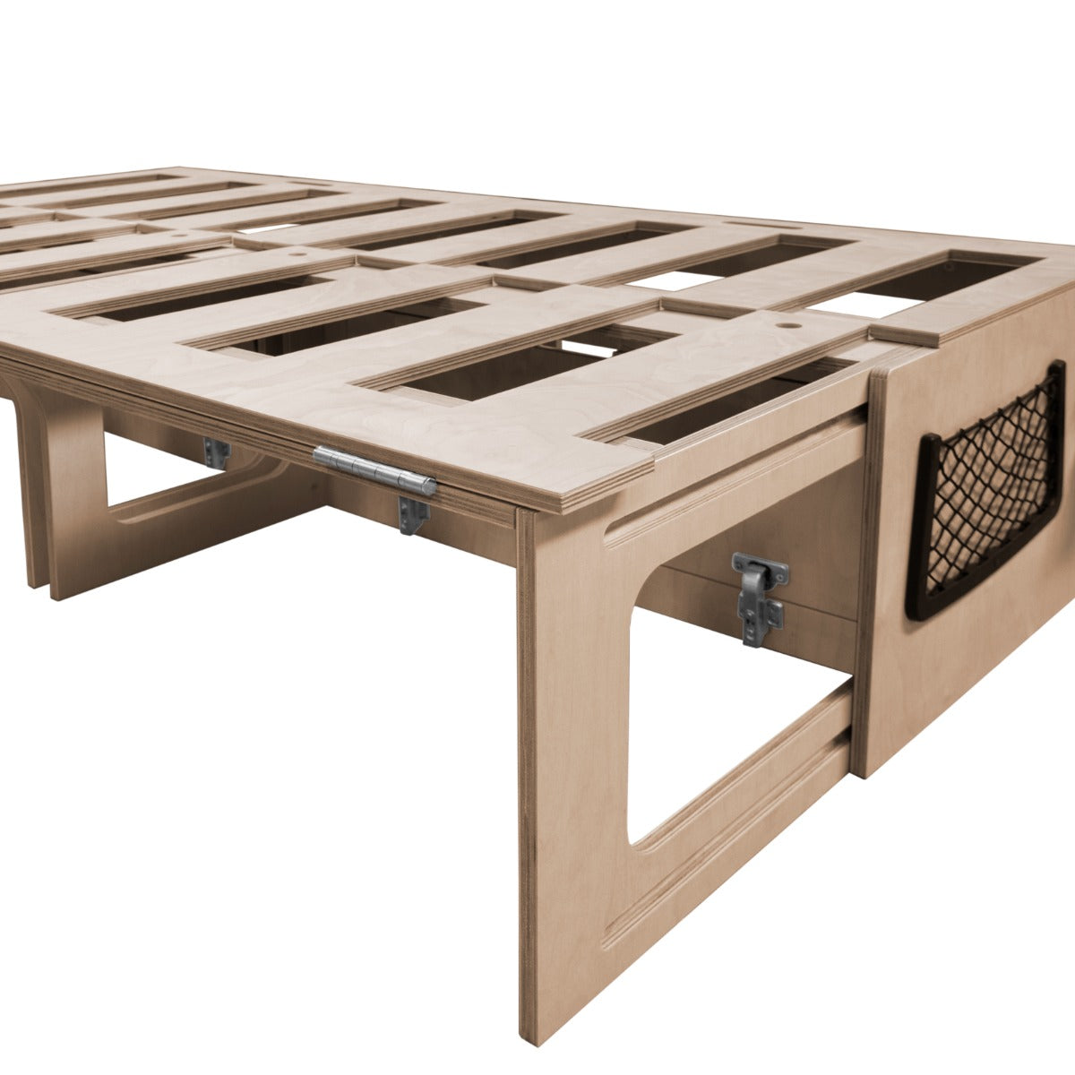 Light wood camper van bed with slatted design, featuring a sturdy frame and a mesh storage pocket on the side for convenience