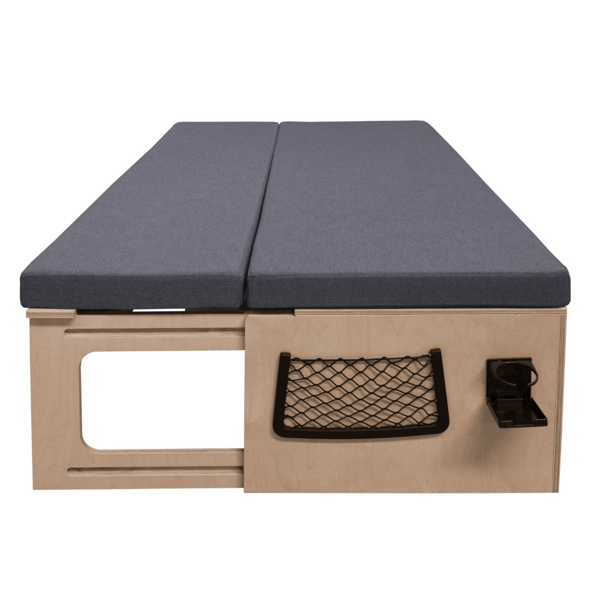 Stylish camper van bed with a sleek wooden frame, gray foam mattress, and convenient storage net for essentials