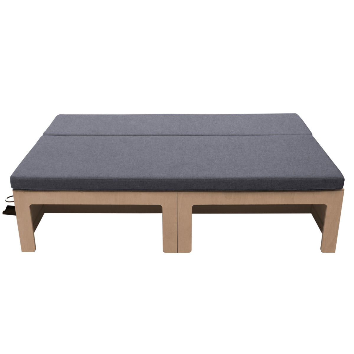Spacious camper van bed with a sturdy wooden frame and soft gray cushion, designed for comfort and efficient space use