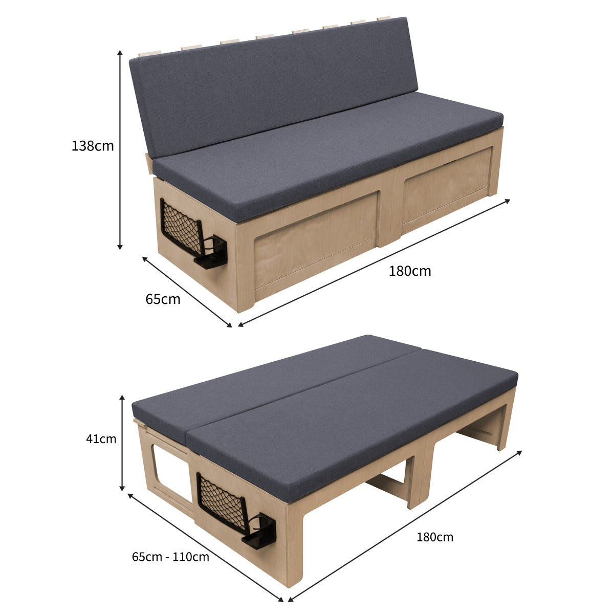 Stylish camper van bed with a gray cushioned top, wooden base, and adjustable height, perfect for maximizing space and comfort