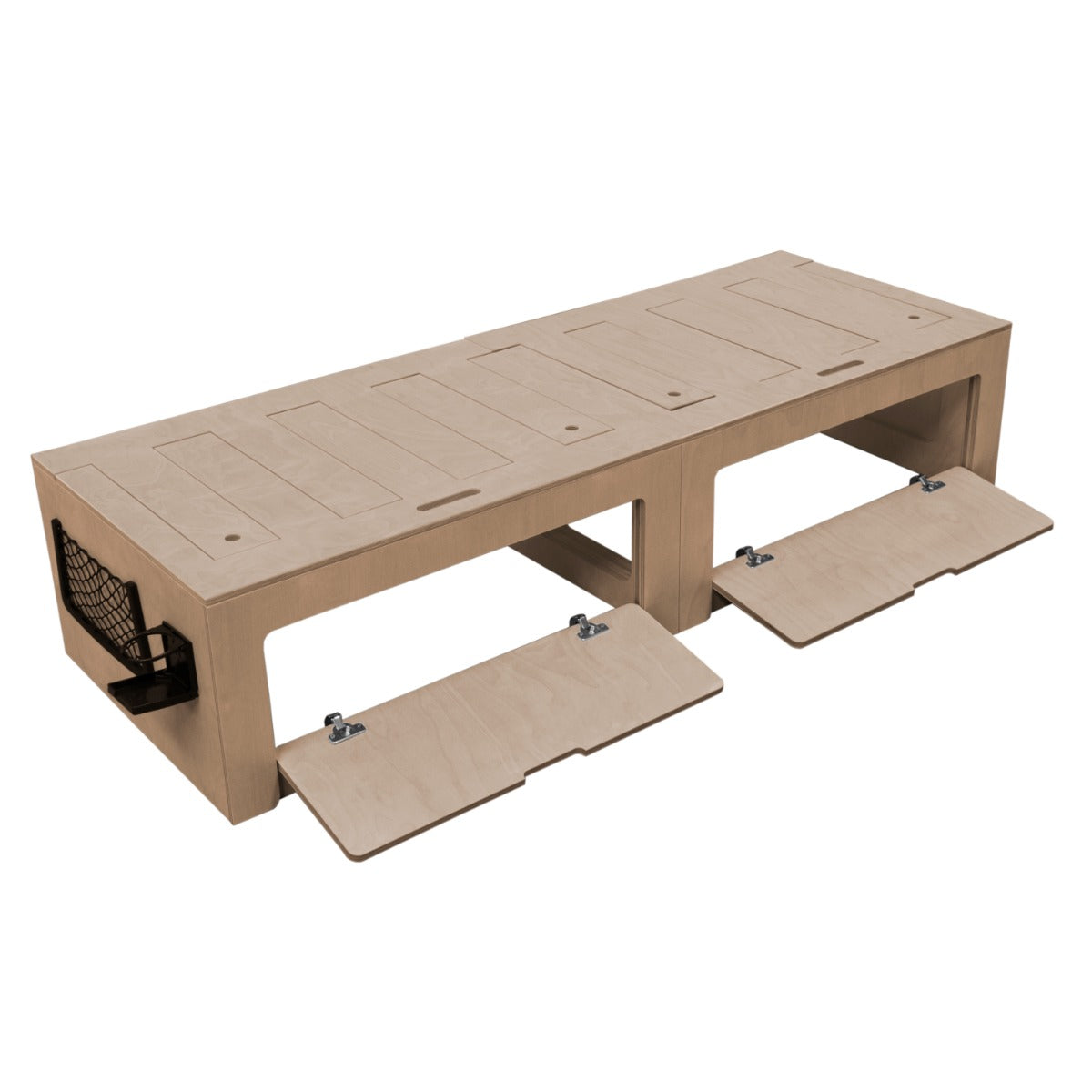 Light wood camper van bed with storage compartments, featuring a smooth finish and clean lines for a modern, minimalist look
