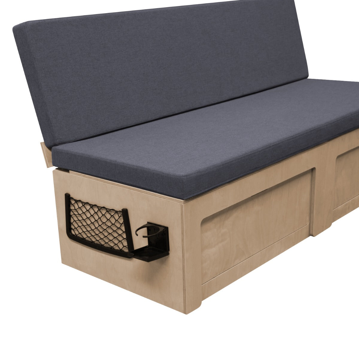 Stylish camper van bed with a sleek wooden base, soft gray cushion, and convenient storage basket on the side for essentials
