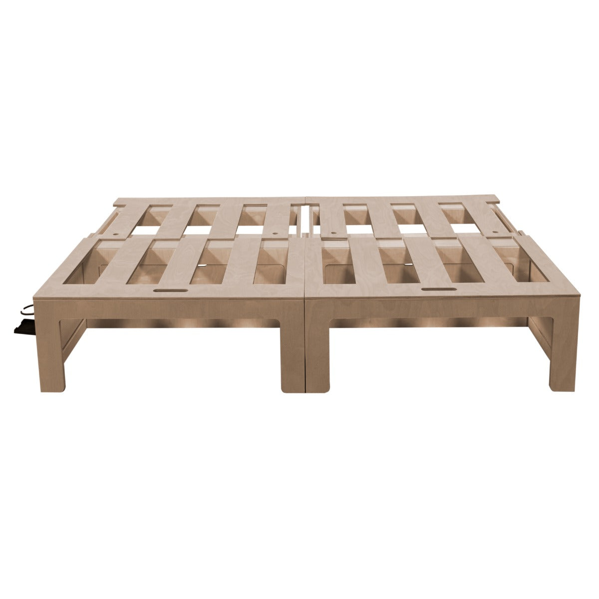 Stylish camper van bed frame made of light wood, featuring a slatted design for ventilation and sturdy support, ideal for compact spaces
