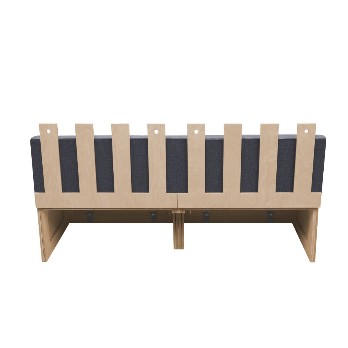 Stylish camper van bed featuring a natural wood frame, slatted design, and a comfortable dark gray cushion for cozy sleeping