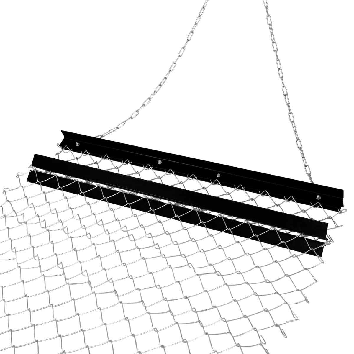 Heavy-duty chain drag harrow with a 1.5m x 1.2m steel frame, featuring a durable metal mesh for effective soil leveling and aeration