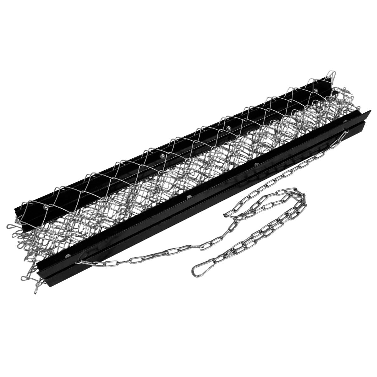 Durable 1.5m x 1.2m chain drag harrow with a black metal frame and silver chains, designed for effective soil leveling and aeration