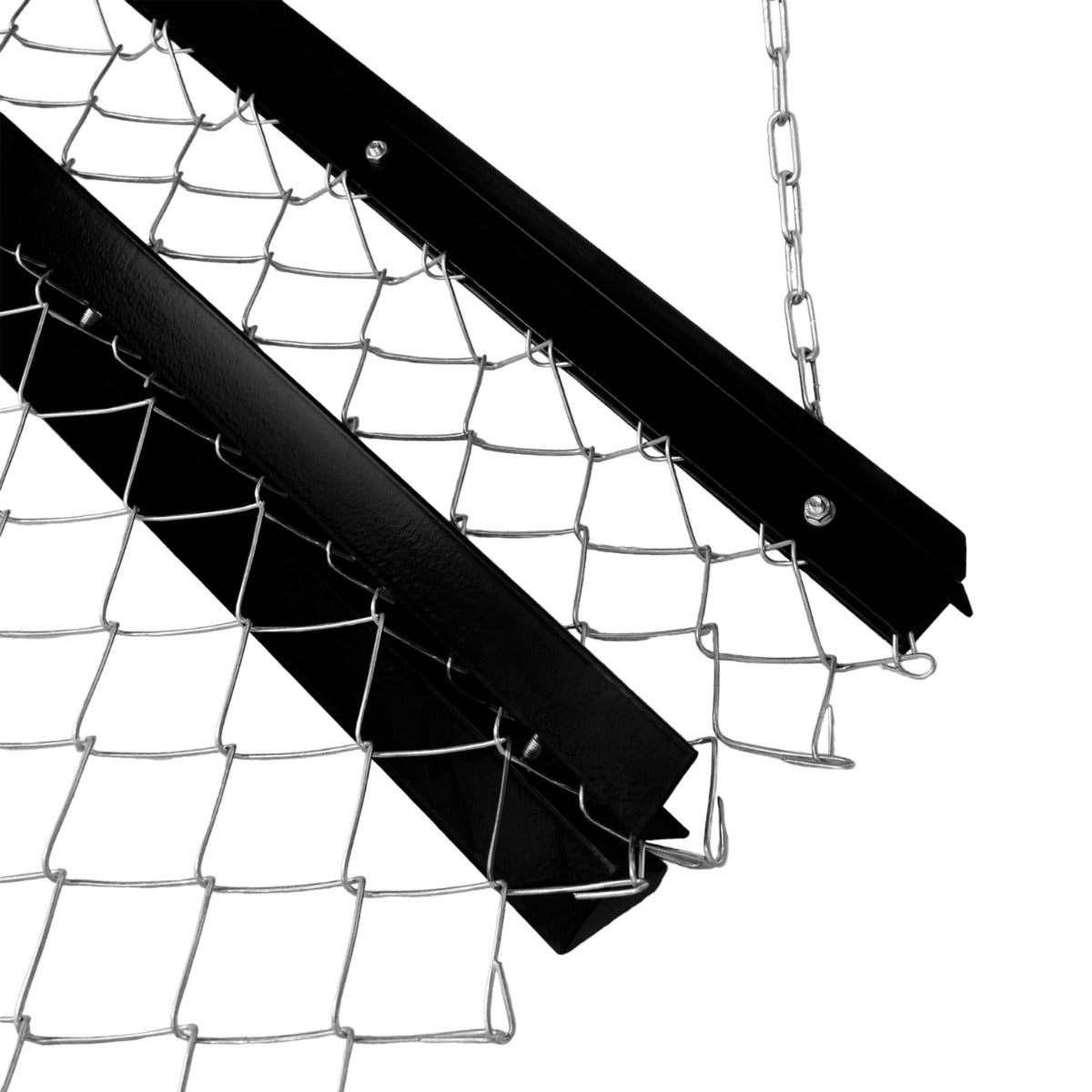 Durable black metal chain drag harrow with a sturdy grid pattern, designed for efficient soil leveling and landscaping tasks