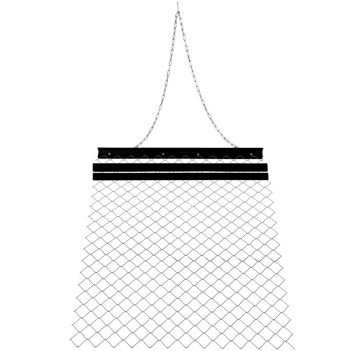 Heavy-duty chain drag harrow with a diamond mesh design, featuring a sturdy black frame and hanging chain for easy attachment