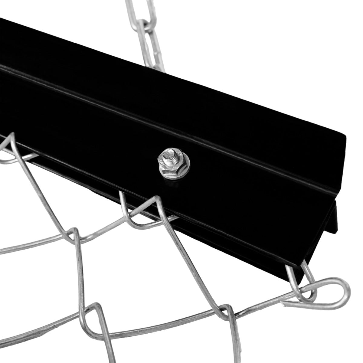 Close-up of a black metal frame with a silver bolt, showcasing the durable chain mesh design of a 1.5m x 1.2m chain drag harrow