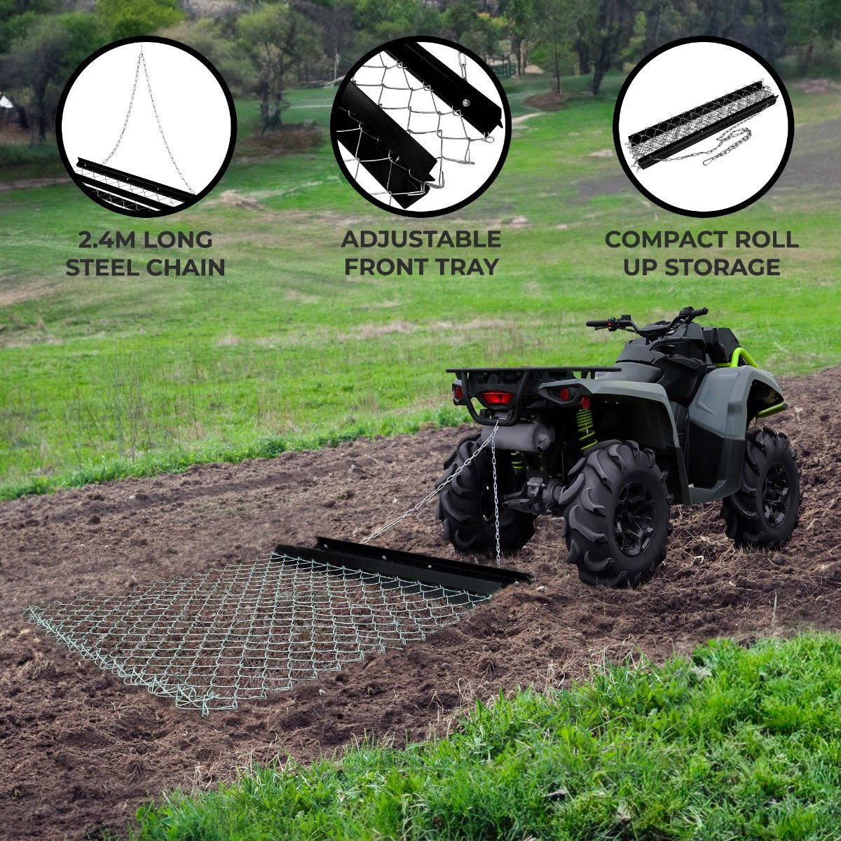 Durable chain drag harrow with a 1.5m x 1.2m size, featuring a steel chain, adjustable tray, and compact design for easy storage