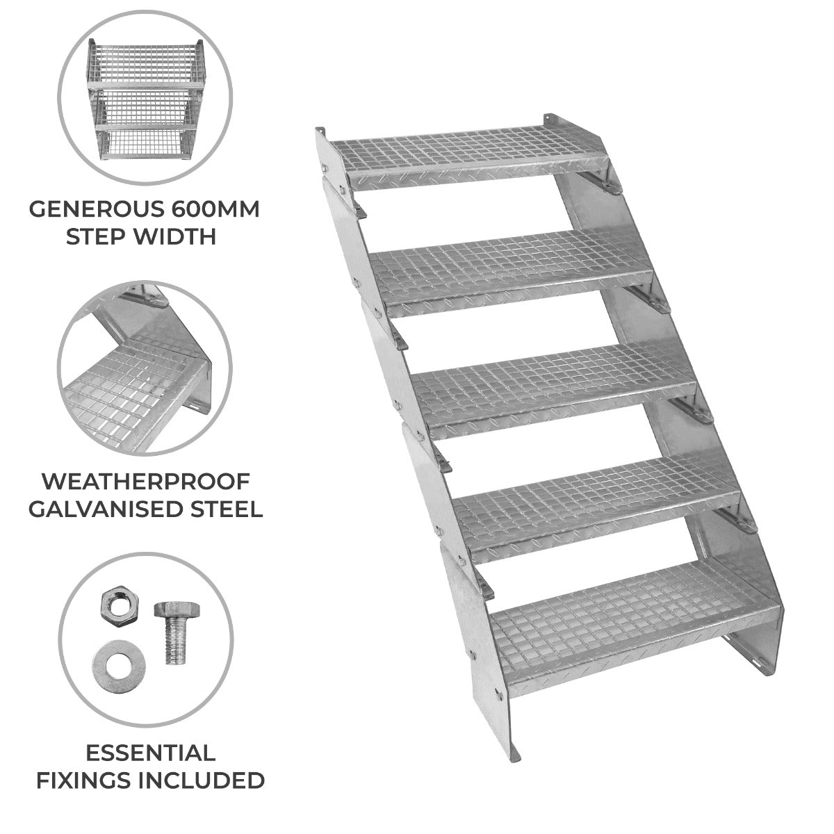 Adjustable 5 Section Galvanised Staircase - 600mm Wide