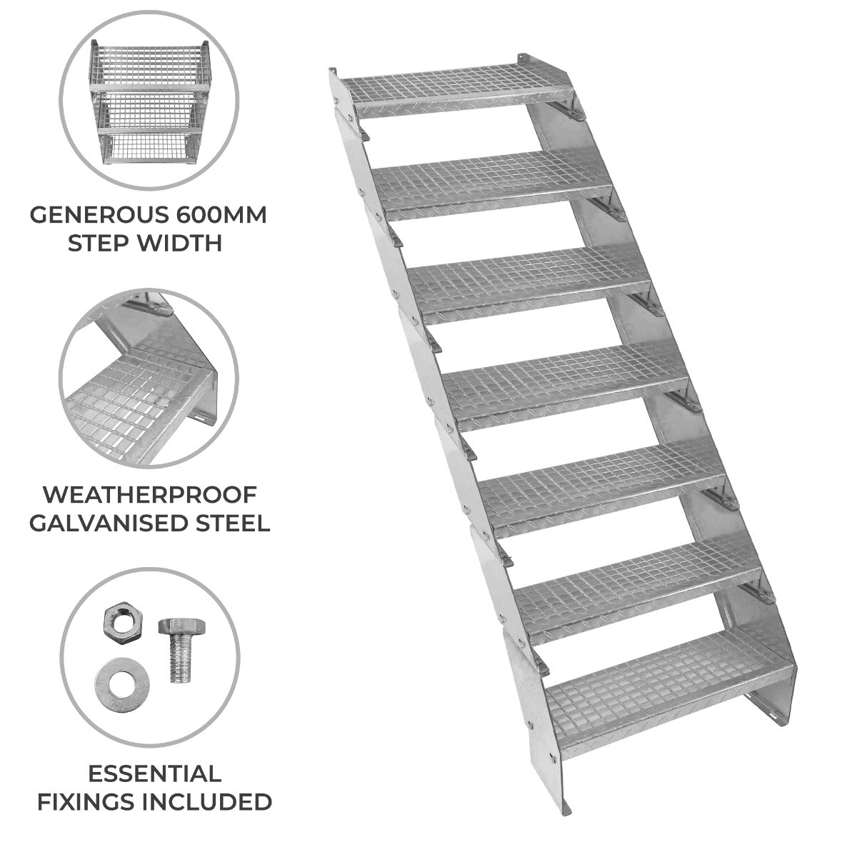 Adjustable 7 Section Galvanised Staircase - 600mm Wide