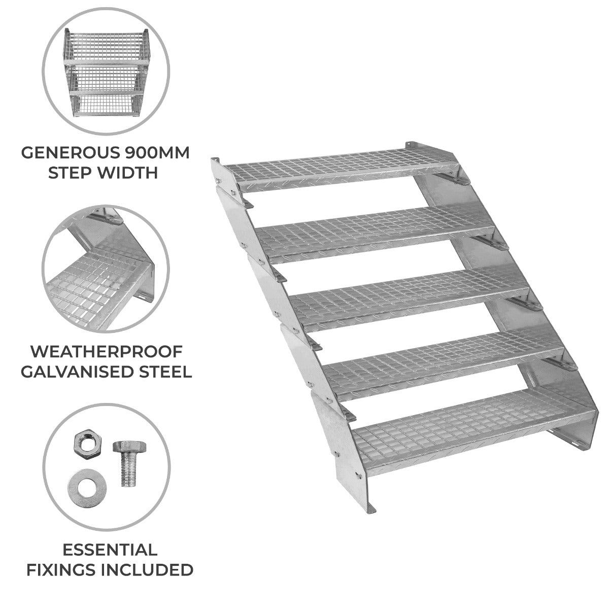 Adjustable 5 Section Galvanised Staircase - 900mm Wide